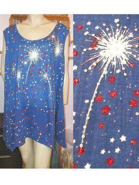 Red White & Blue Fireworks Tunic Top 2X Sequins Asymmetrical Stars Patriotic NEW